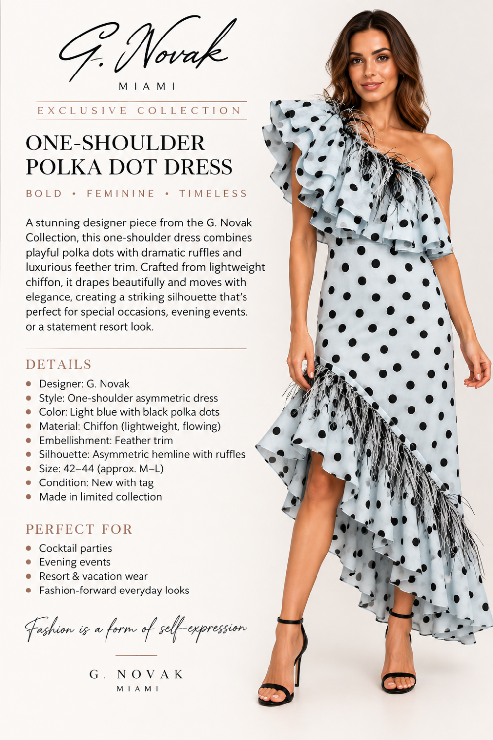 G. Novak One-Shoulder Polka Dot Chiffon Feather Trim Dress GN 207 Size 42-44|862