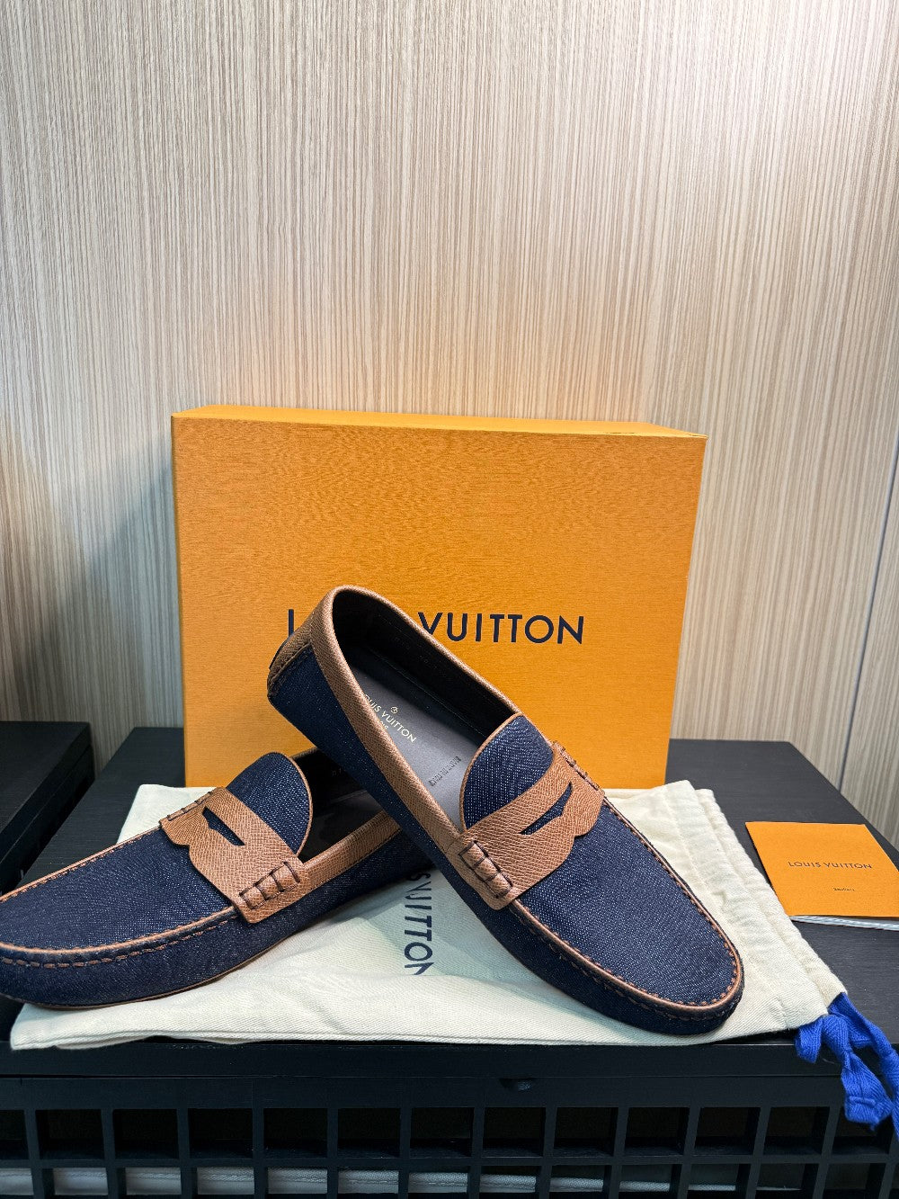 Louis Vuitton Men's Denim & Leather Driver Moccasins Navy/Brown Size US 10|261