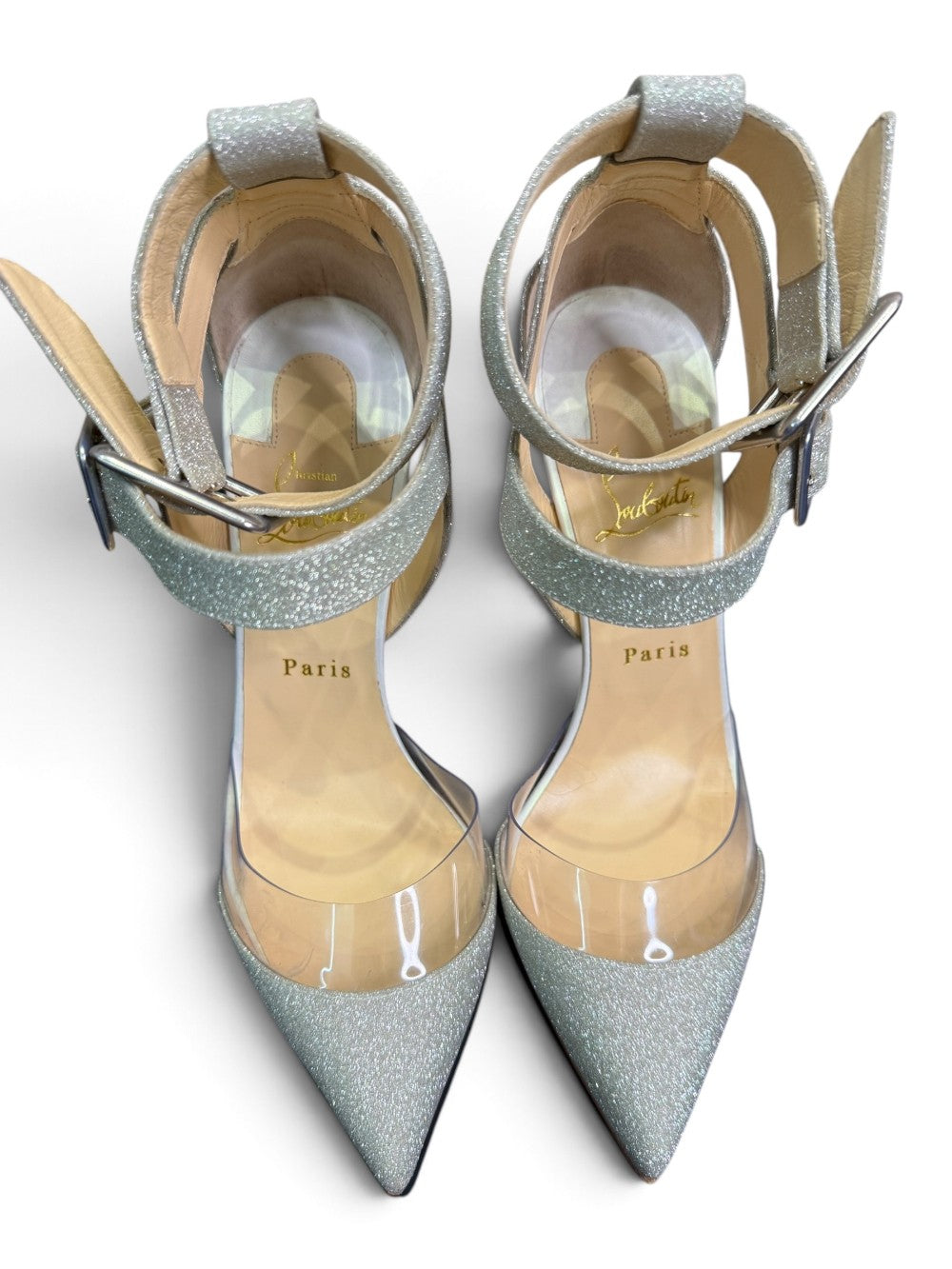 Christian Louboutin Silver Glitter & Clear Double-Strap Pumps|1026
