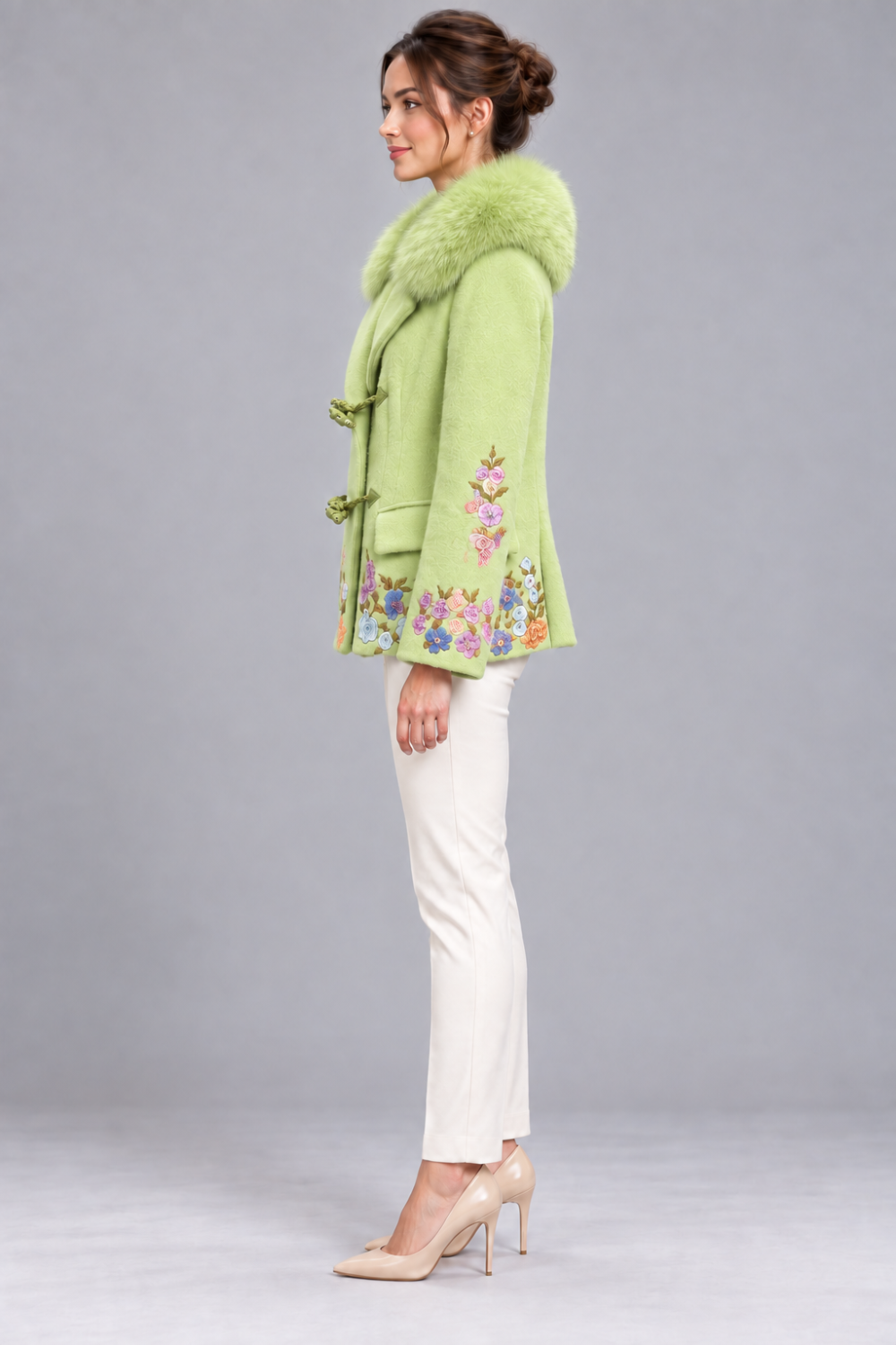 Light Lime Green Wool & Mohair Jacket with Floral Embroidery and Fur Collar|1012