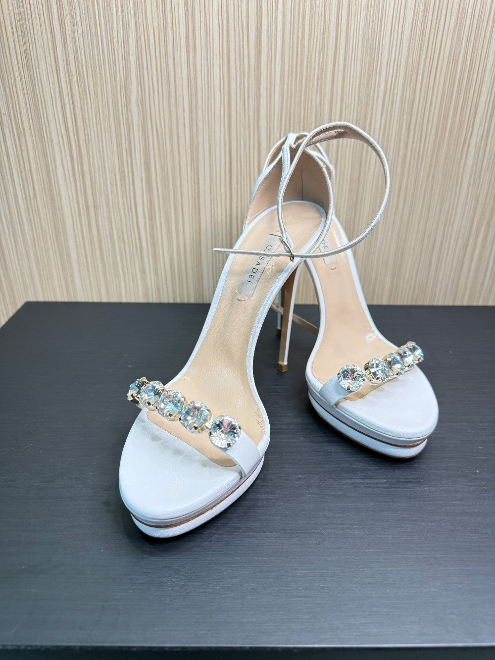 Casadei White Leather Crystal Embellished Platform Sandals Size 39|168