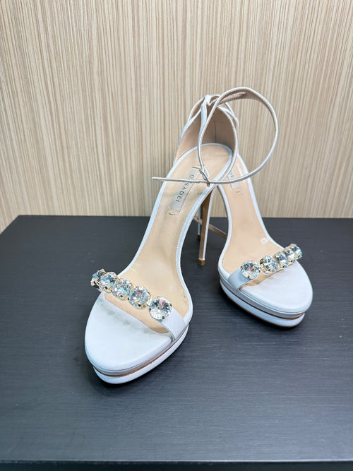 Casadei White Leather Crystal Embellished Platform Sandals Size 39|168