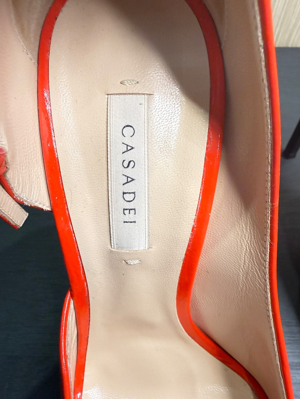 Casadei Red Patent Leather Ankle Strap Peep Toe Pumps. Size 39|70