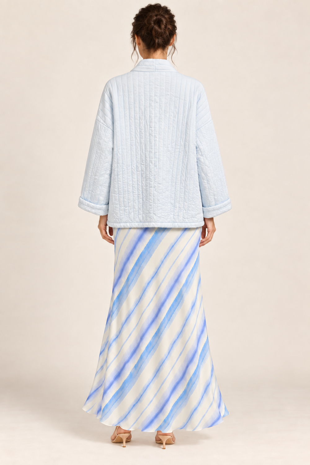 WI&CO Blue Stripe Three-Piece Maxi Skirt Set with Quilted Jacket|933