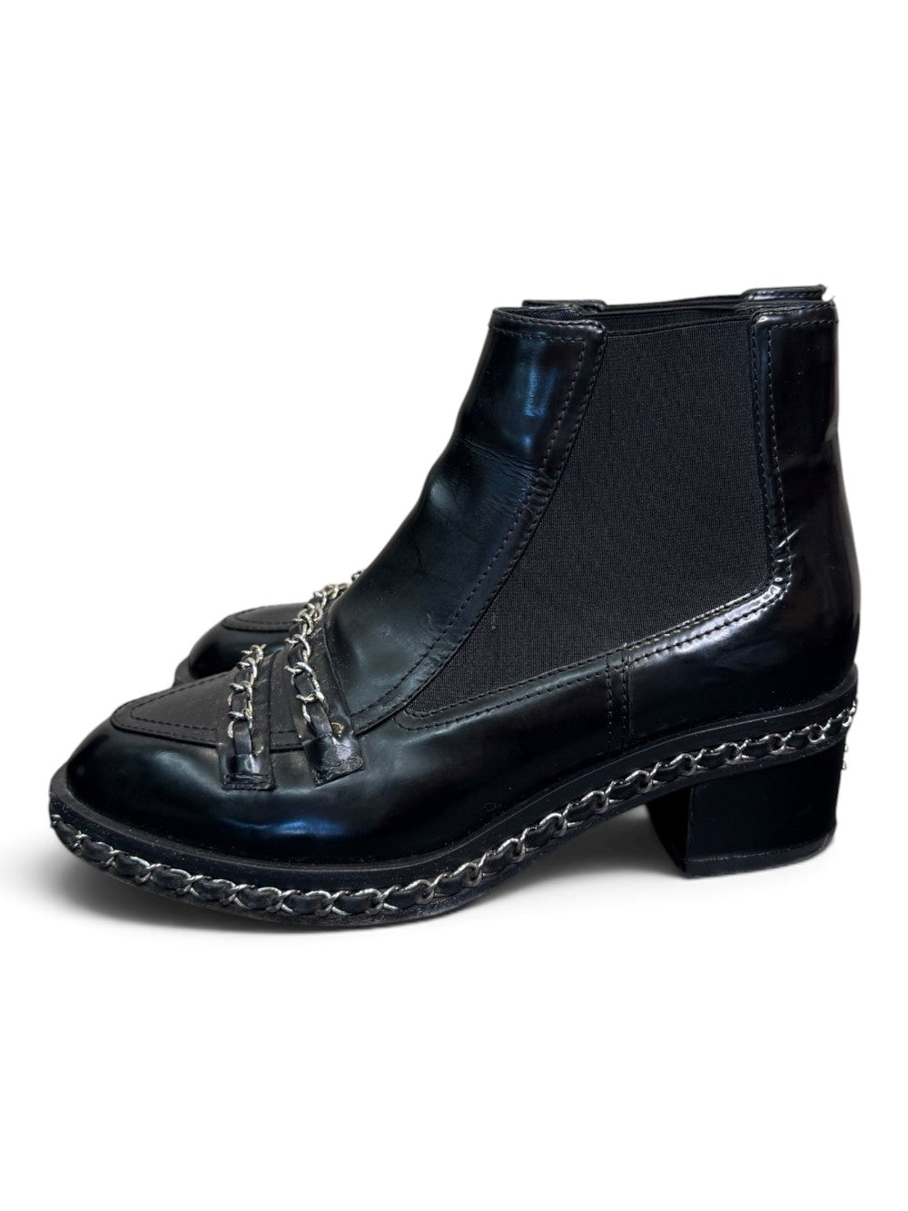 Chanel Black Leather Chain-Trim Chelsea Loafer Ankle Boots Size 37|779
