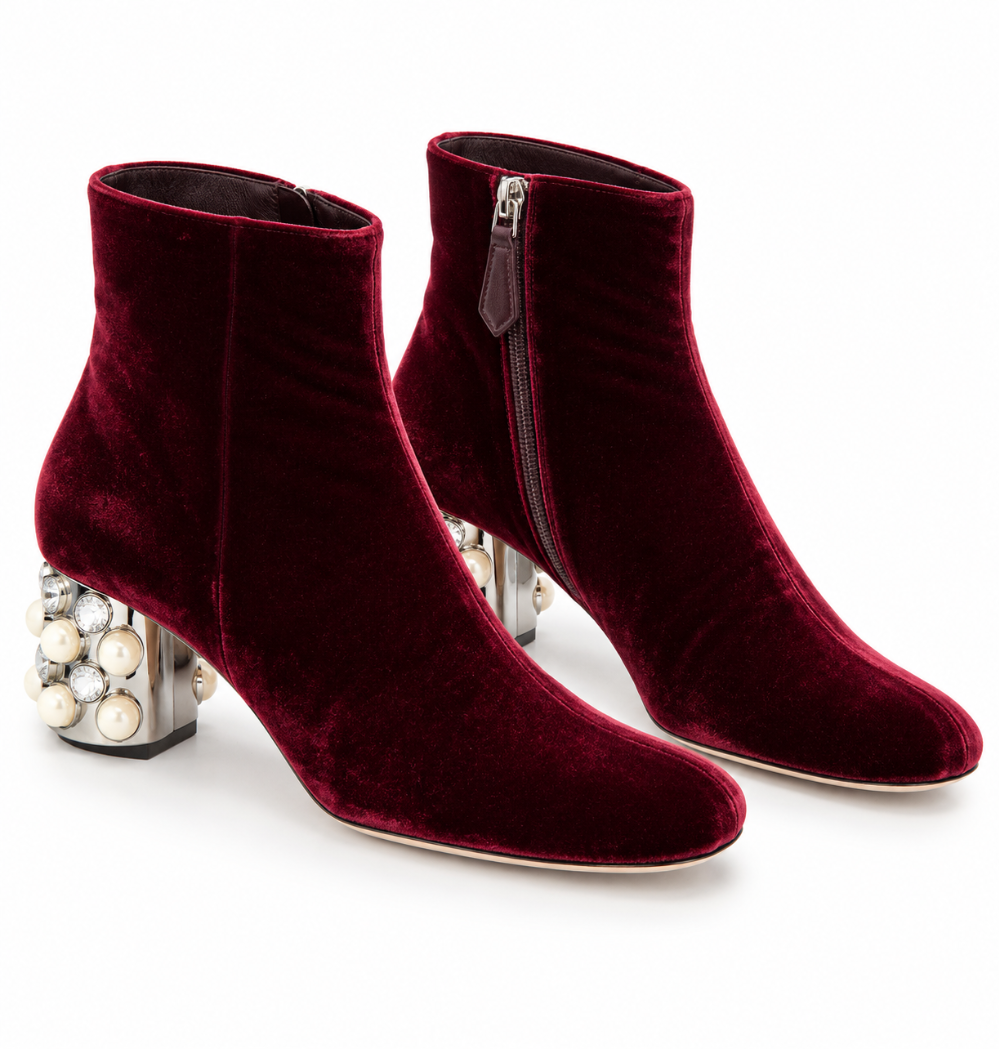 Miu Miu Burgundy Velvet Pearl & Crystal Embellished Heel Ankle Boots – Size 41|926