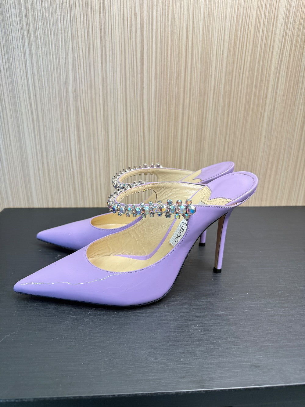 Jimmy Choo Bing Lilac Patent Leather Crystal Strap Mule Pumps Size 40|204