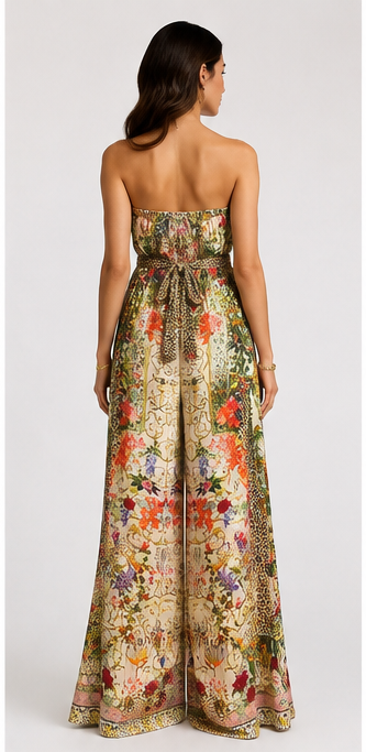 CAMILLA 100% Silk Embellished Floral & Leopard Print Wide-Leg Jumpsuit – Size XL|577