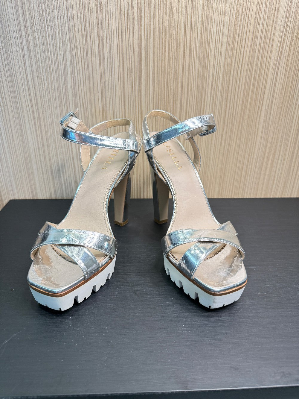 Le Silla Silver Metallic Leather Platform Sandals Size 40|214