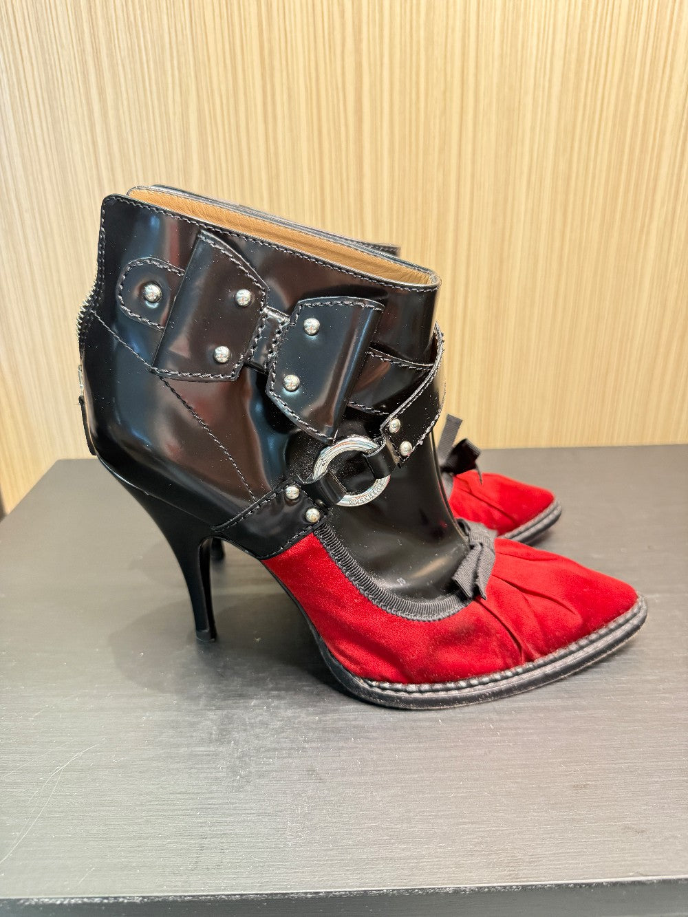 Moschino Cheap and Chic Black Patent & Red Satin Ankle Bootie Pumps Size 39|228