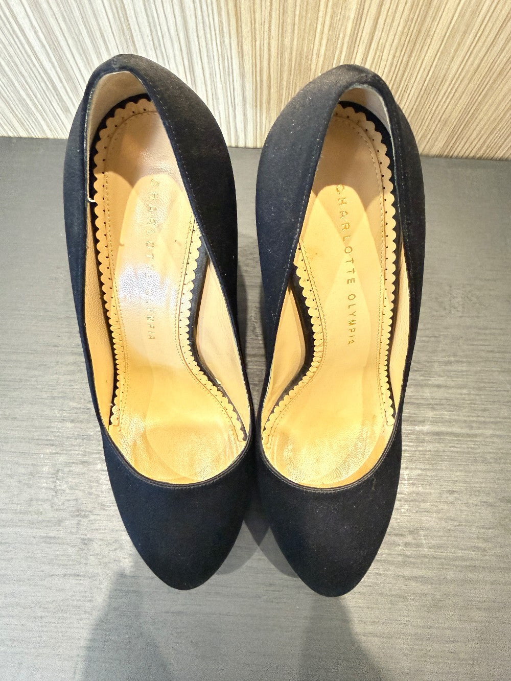 Charlotte Olympia Black Satin Platform Pumps with Signature Gold Ball Heel. Size EU 38.5|41