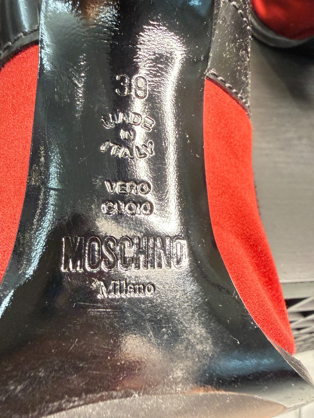 Moschino Cheap and Chic Black Patent & Red Satin Ankle Bootie Pumps Size 39|224