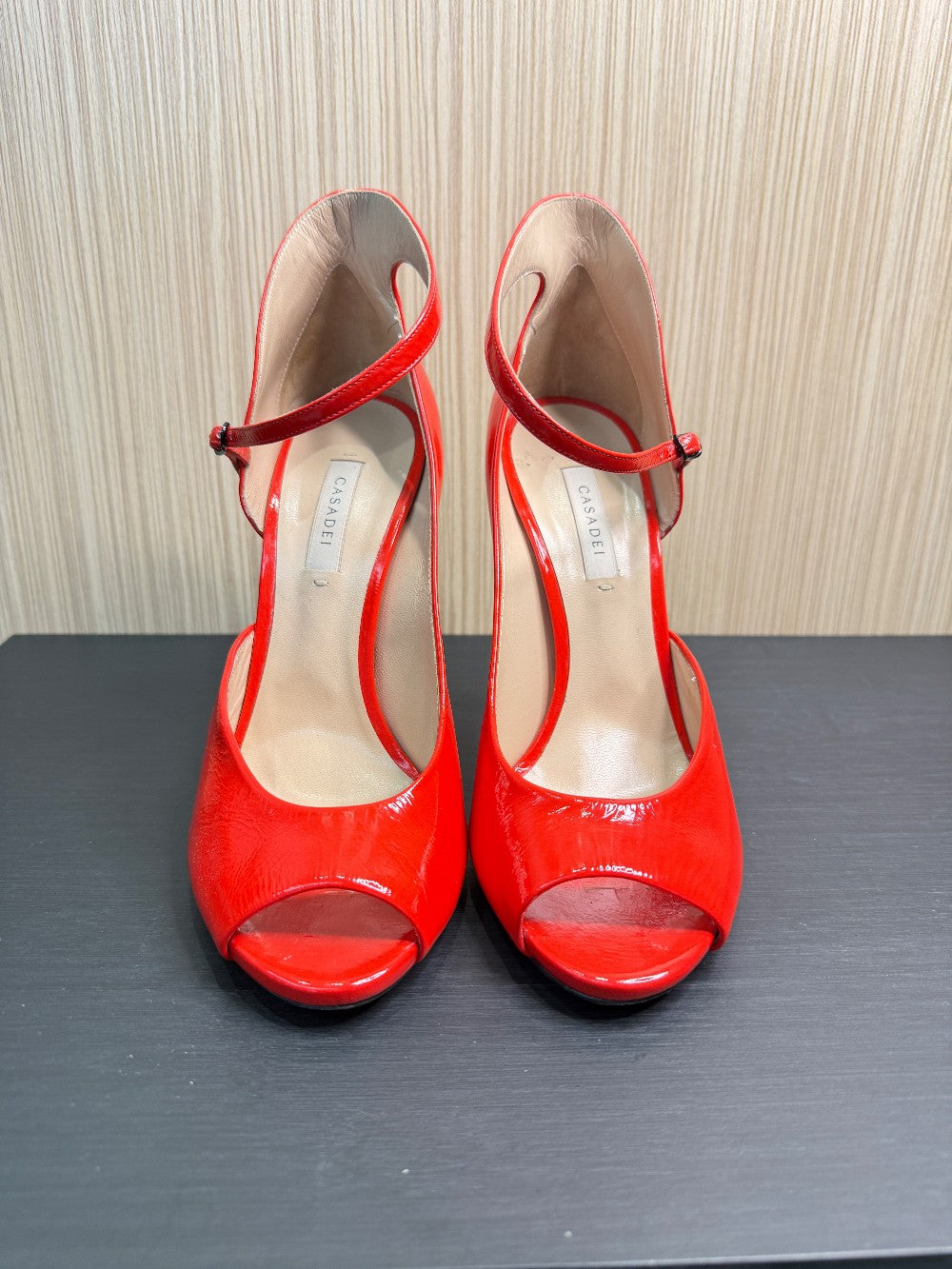 Casadei Red Patent Leather Ankle Strap Peep Toe Pumps. Size 39|64