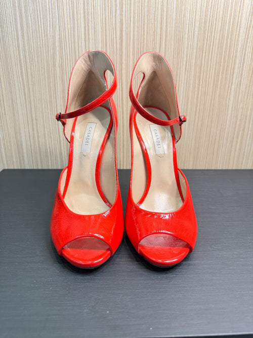 Casadei Red Patent Leather Ankle Strap Peep Toe Pumps. Size 39|64