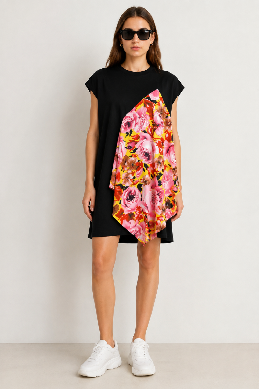 MSGM Floral Print Asymmetric T-Shirt Dress Black Multicolor Size S|537