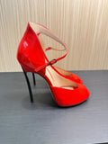 Casadei Red Patent Leather Ankle Strap Peep Toe Pumps. Size 39|63