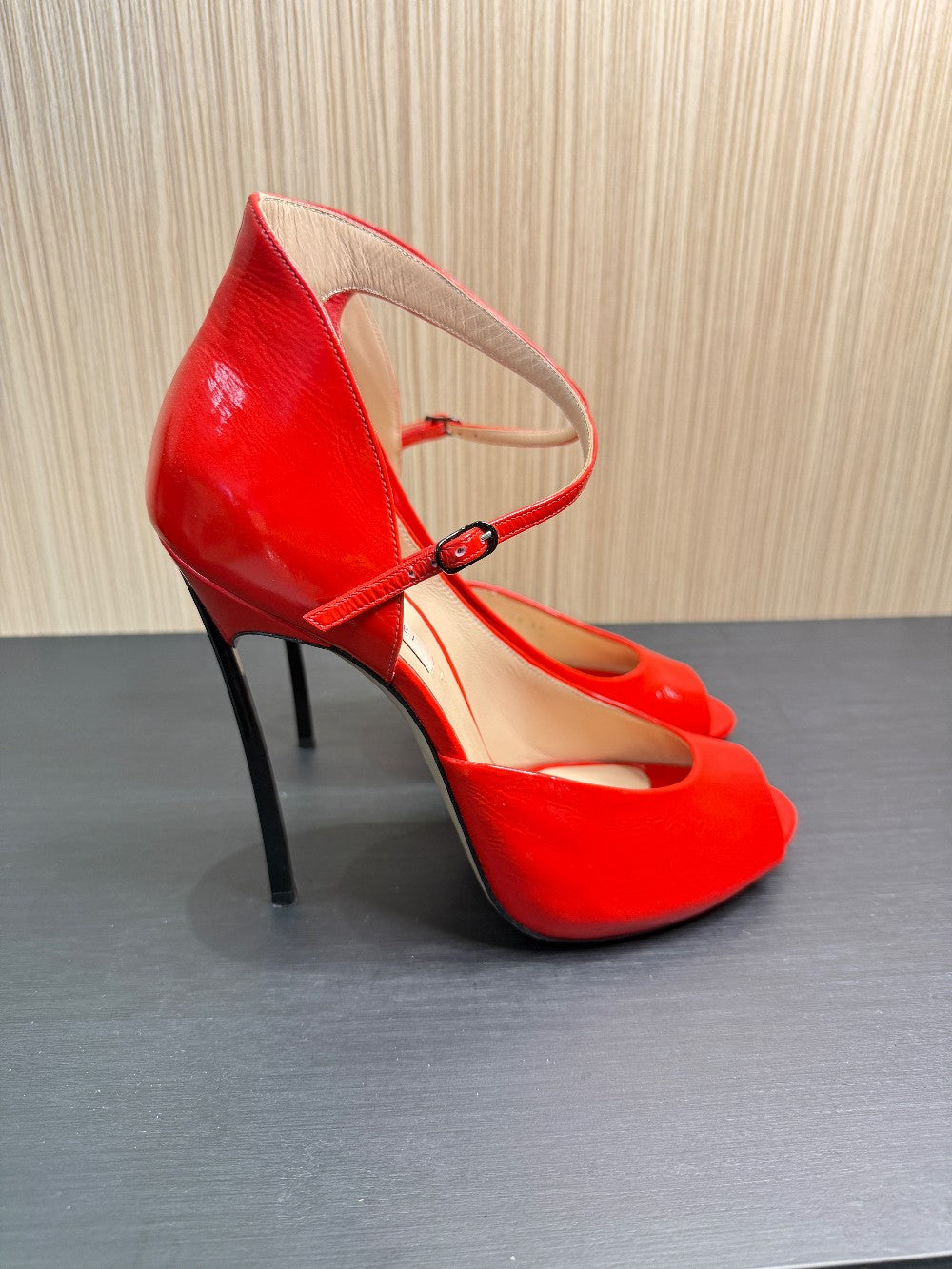 Casadei Red Patent Leather Ankle Strap Peep Toe Pumps. Size 39|63