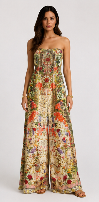 CAMILLA 100% Silk Embellished Floral & Leopard Print Wide-Leg Jumpsuit – Size XL|576