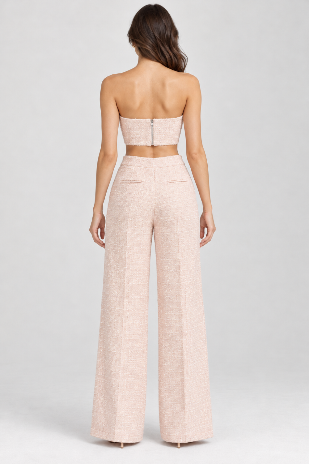 Blush Pink Bouclé Corset Top & Wide-Leg Pants Set|1037