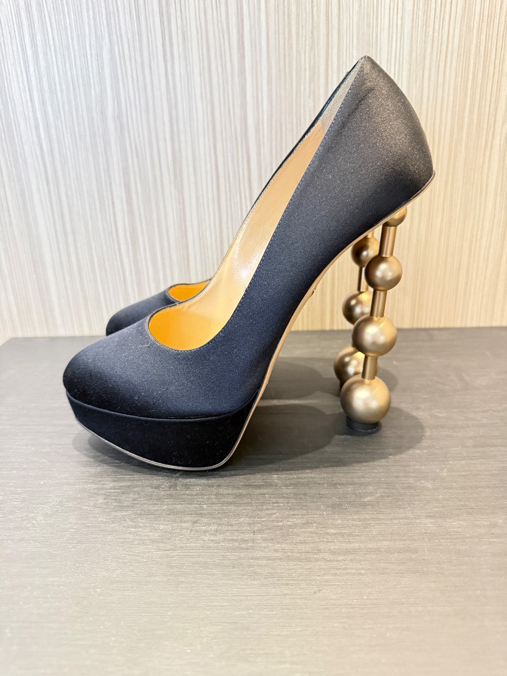 Charlotte Olympia Black Satin Platform Pumps with Signature Gold Ball Heel. Size EU 38.5|39