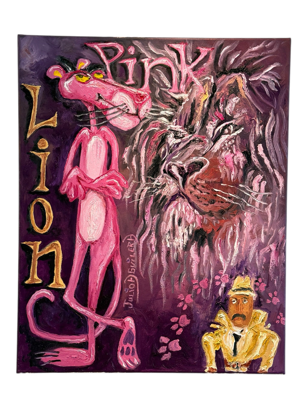 Julio Aguilera – Pink Lion – Cartoon Nostalgia Series – Original Oil Painting – 2026|1076