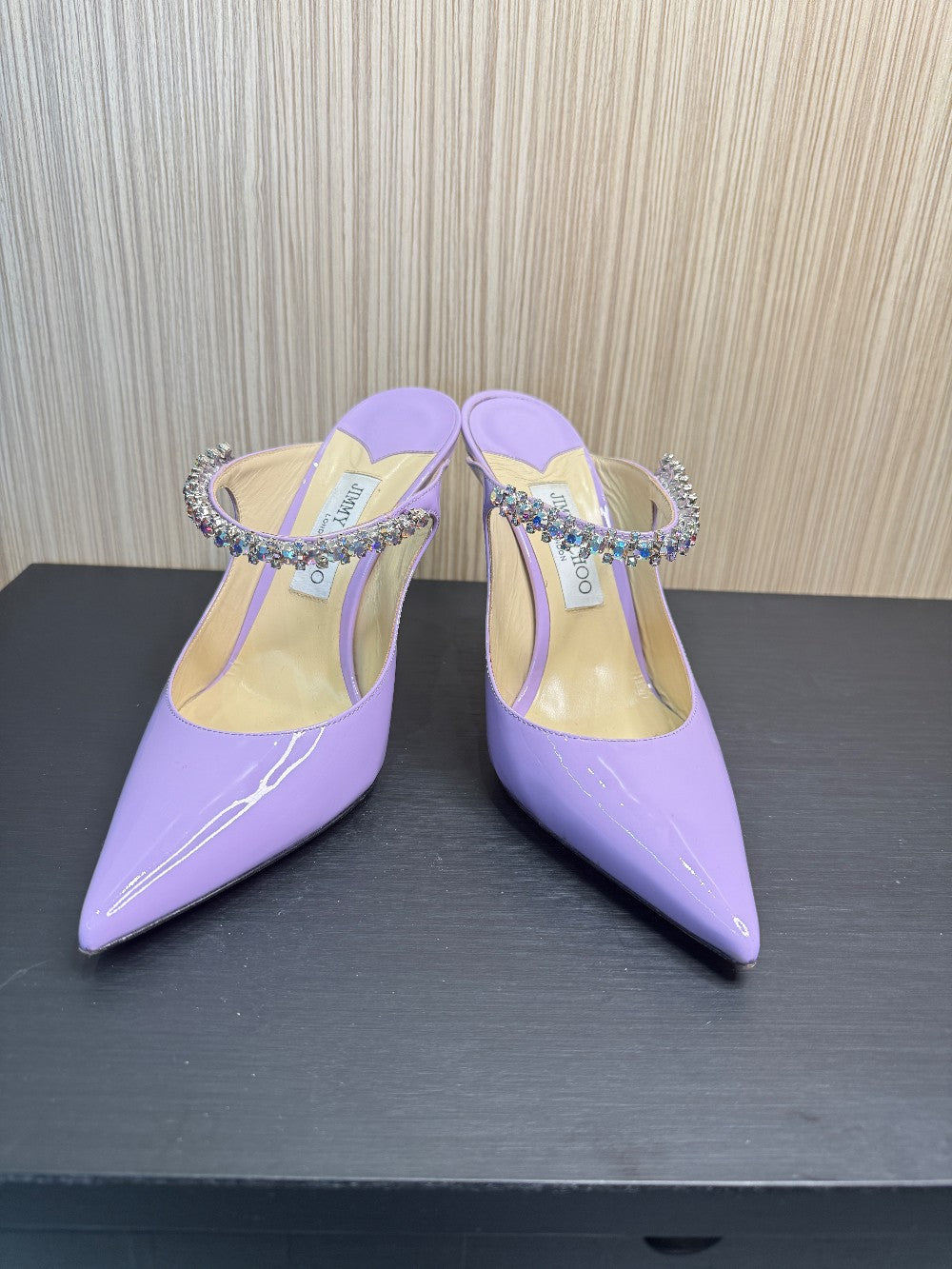 Jimmy Choo Bing Lilac Patent Leather Crystal Strap Mule Pumps Size 40|207
