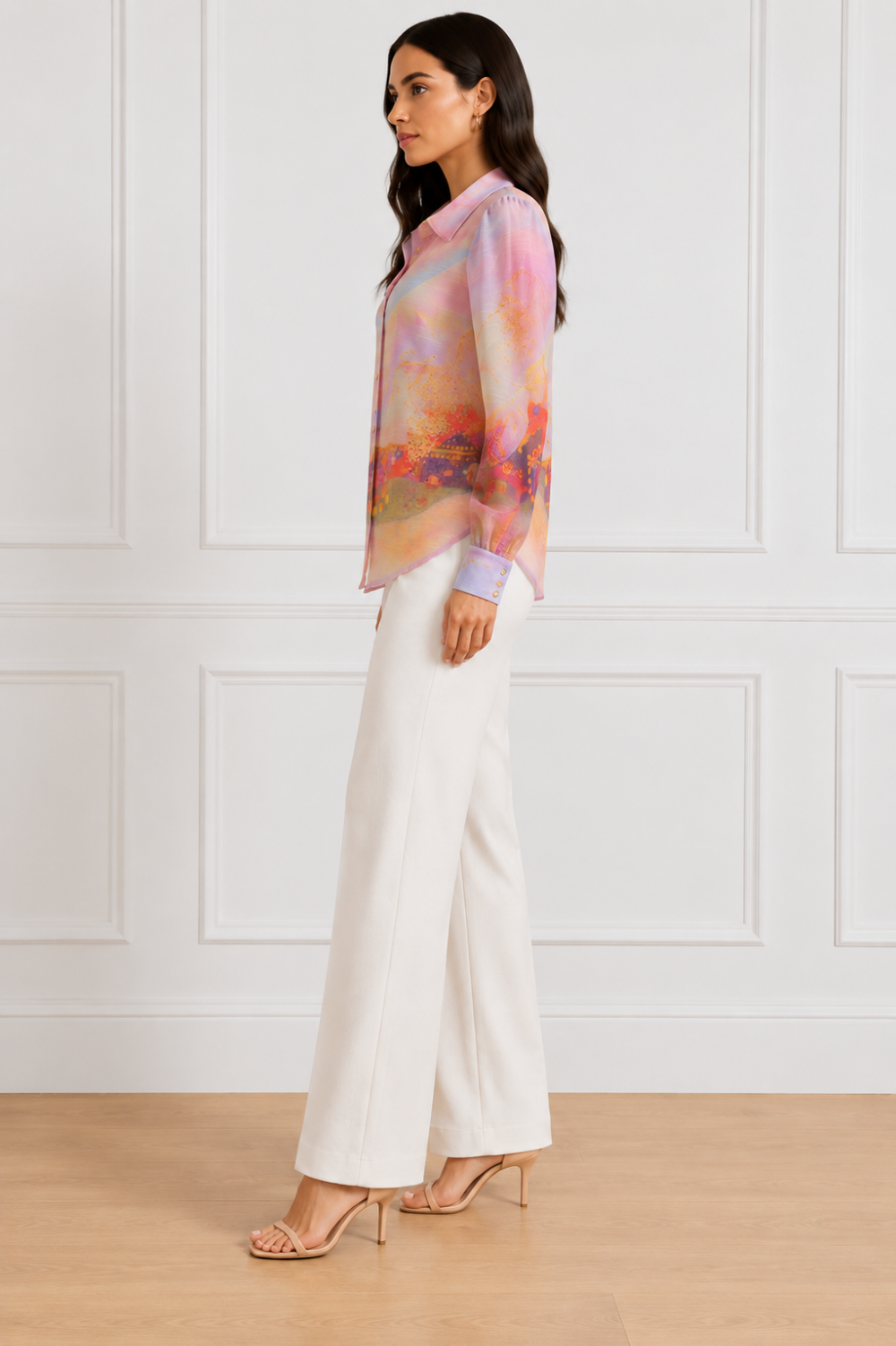 L’Atiste by Amy Pastel Printed Sheer Button-Front Blouse – Size L|559