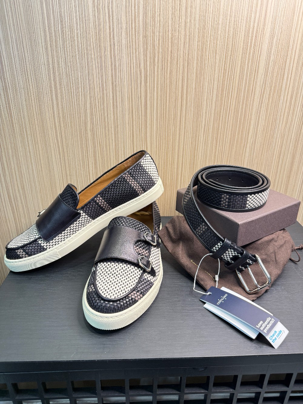 Superglamourous Men's Woven Leather Double Monk Loafers & Matching Belt Set|81