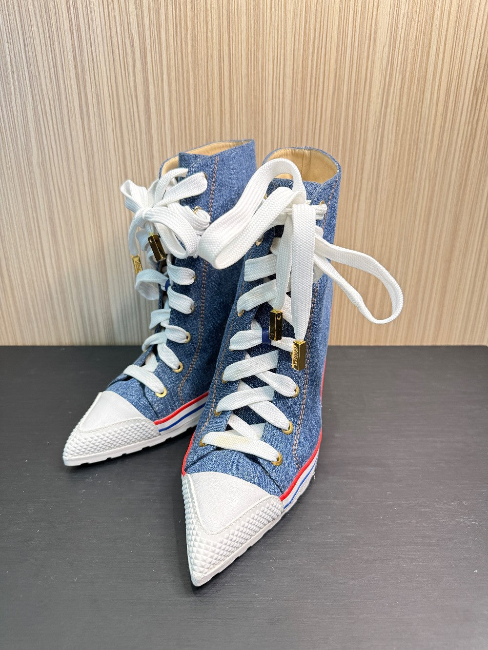 Moschino Couture Denim Lace-Up High Heel Sneaker Boots Size EU 40|302