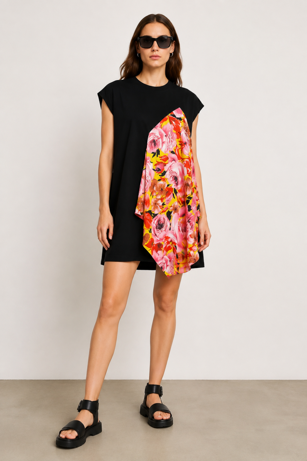 MSGM Floral Print Asymmetric T-Shirt Dress Black Multicolor Size S|536