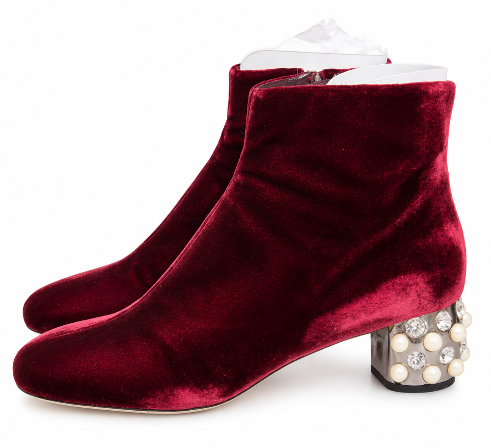 Miu Miu Burgundy Velvet Pearl & Crystal Embellished Heel Ankle Boots – Size 41|924