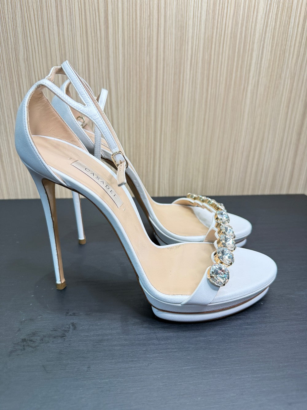 Casadei White Leather Crystal Embellished Platform Sandals Size 39|169