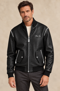 Philipp Plein Men’s Black Leather Bomber Jacket with Silver-Tone Hardware – 4XL|1045