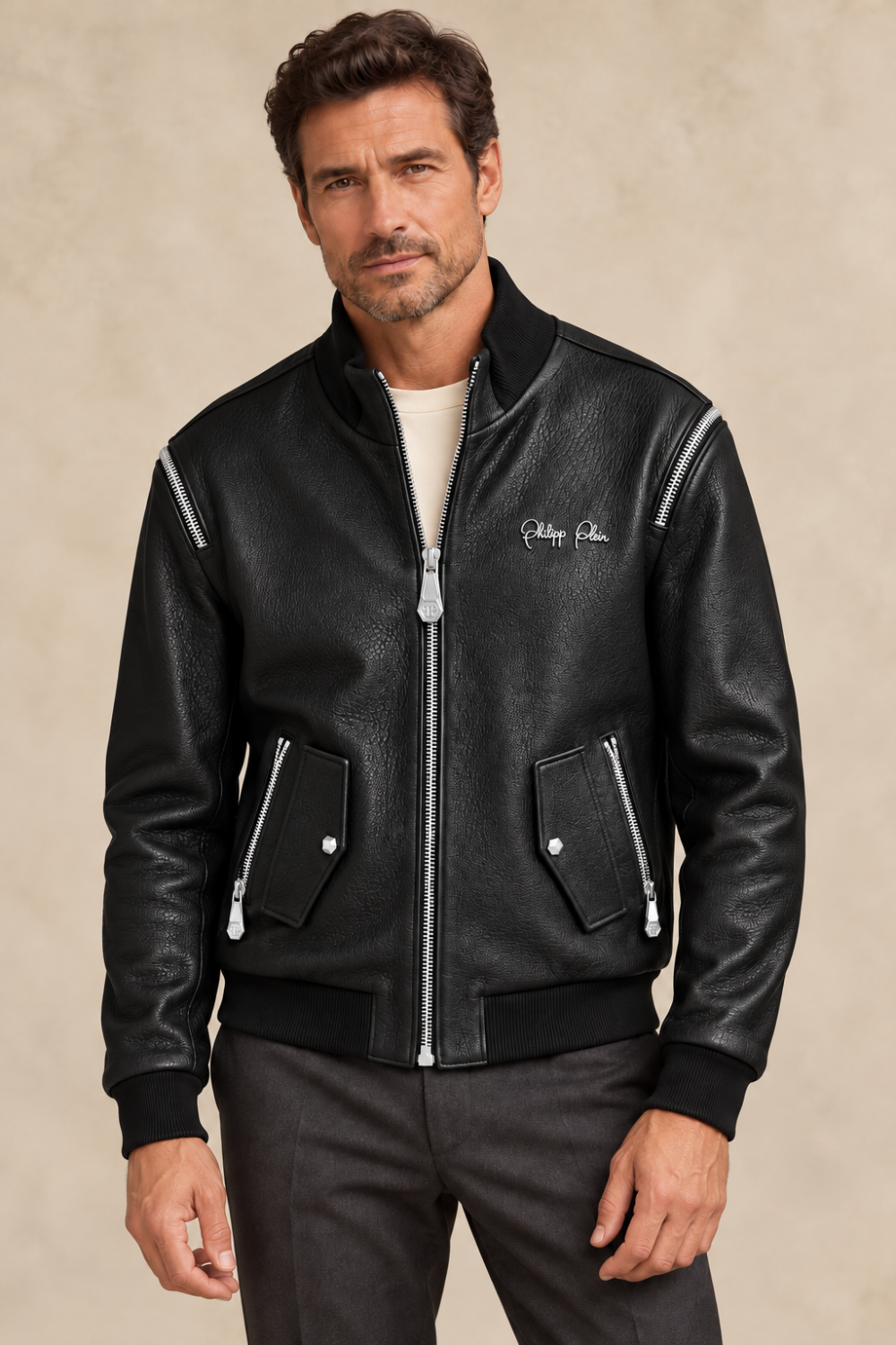 Philipp Plein Men’s Black Leather Bomber Jacket with Silver-Tone Hardware – 4XL|1045