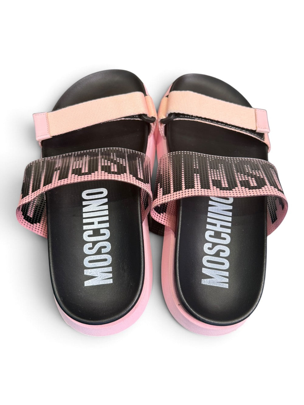 Moschino Pink & Black Embellished Logo Platform Slide Sandals|987