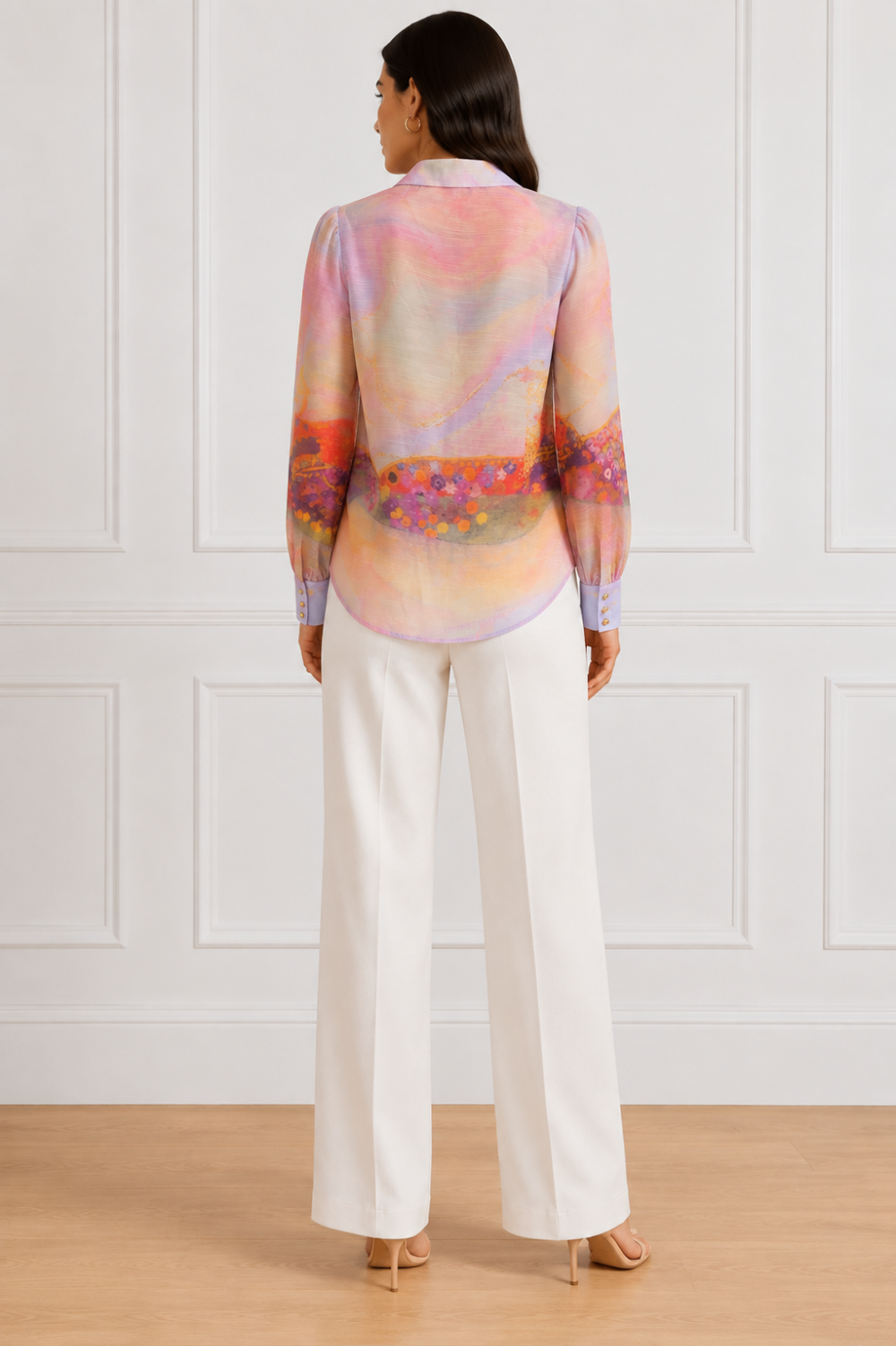 L’Atiste by Amy Pastel Printed Sheer Button-Front Blouse – Size L|560