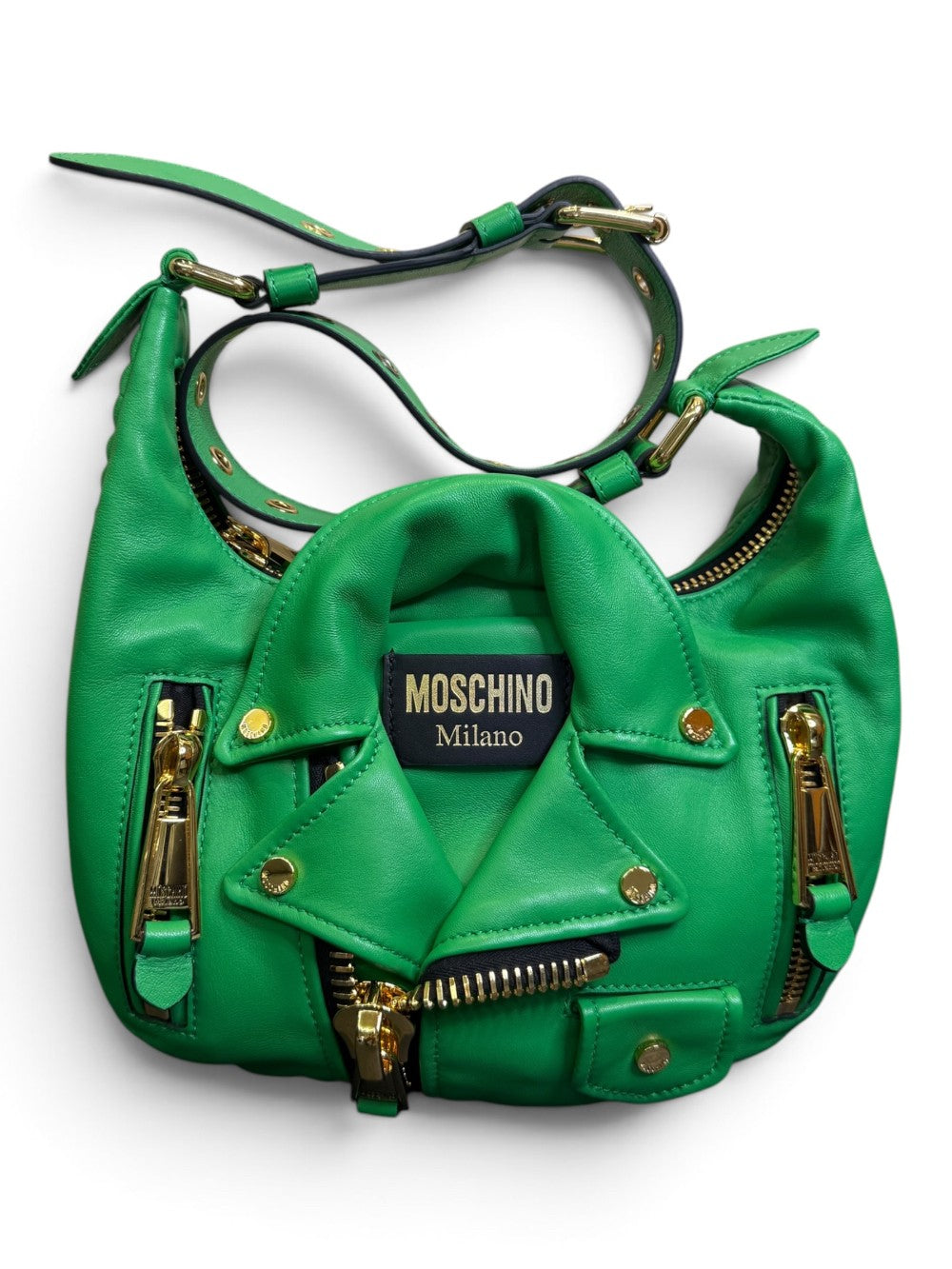 Moschino Milano Green Leather Biker Hobo Shoulder Bag|766