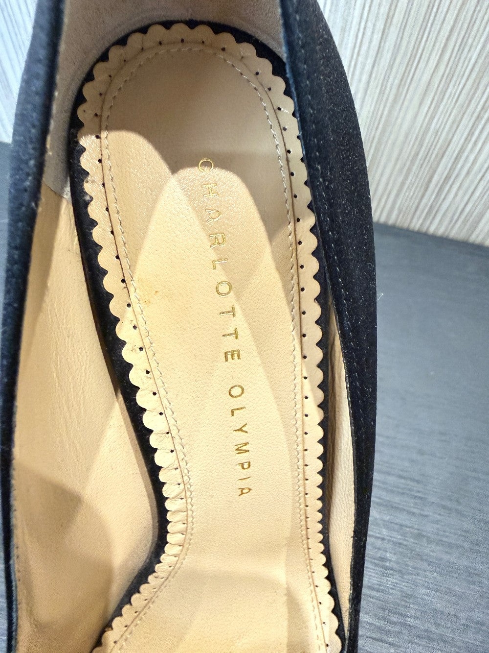 Charlotte Olympia Black Satin Platform Pumps with Signature Gold Ball Heel. Size EU 38.5|45