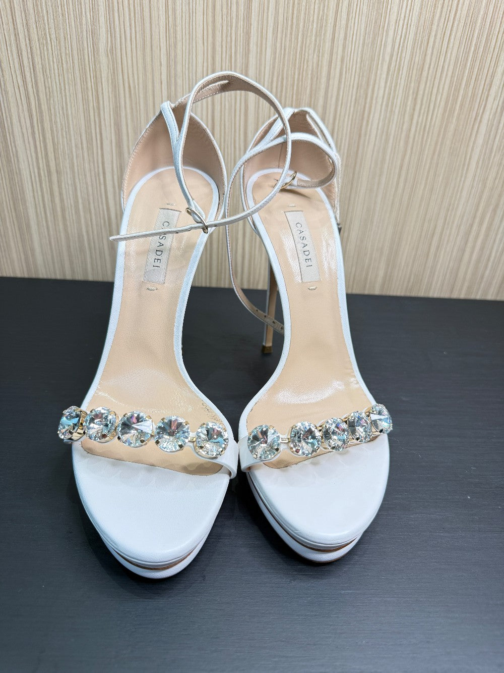 Casadei White Leather Crystal Embellished Platform Sandals Size 39|167