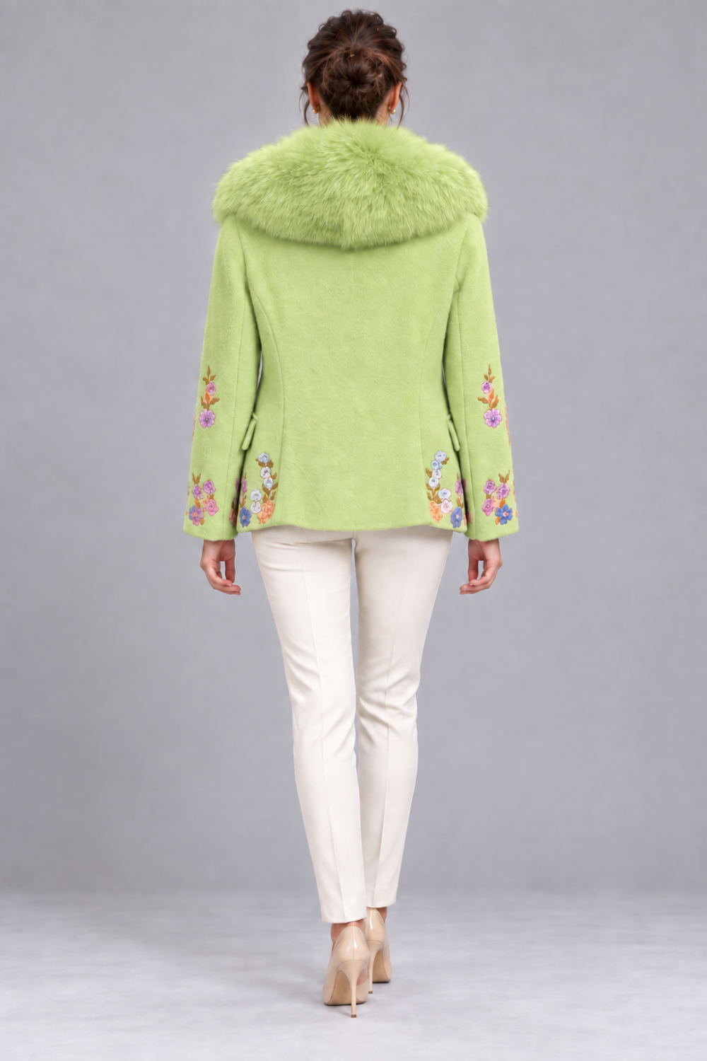 Light Lime Green Wool & Mohair Jacket with Floral Embroidery and Fur Collar|1011