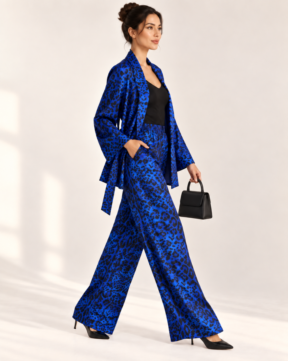 G. Novak Blue Leopard Silk Jacket & Wide-Leg Pants Set|879