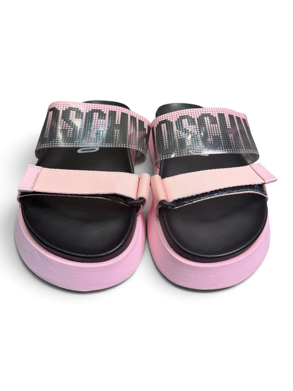 Moschino Pink & Black Embellished Logo Platform Slide Sandals|991