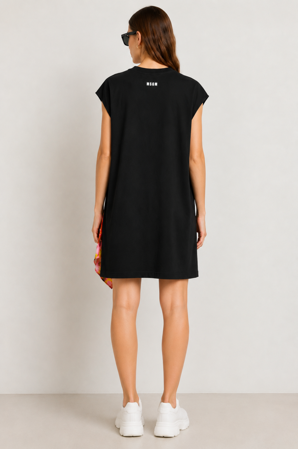 MSGM Floral Print Asymmetric T-Shirt Dress Black Multicolor Size S|539