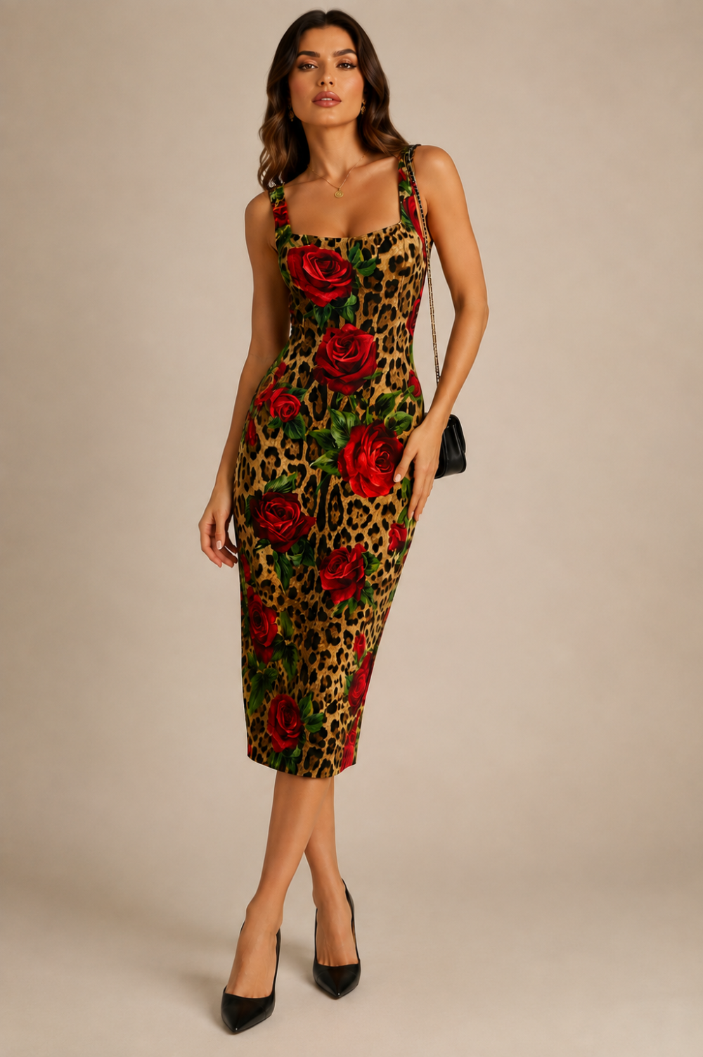 Dolce & Gabbana Rose & Leopard Print Cady Pencil Midi Dress – IT 48|532