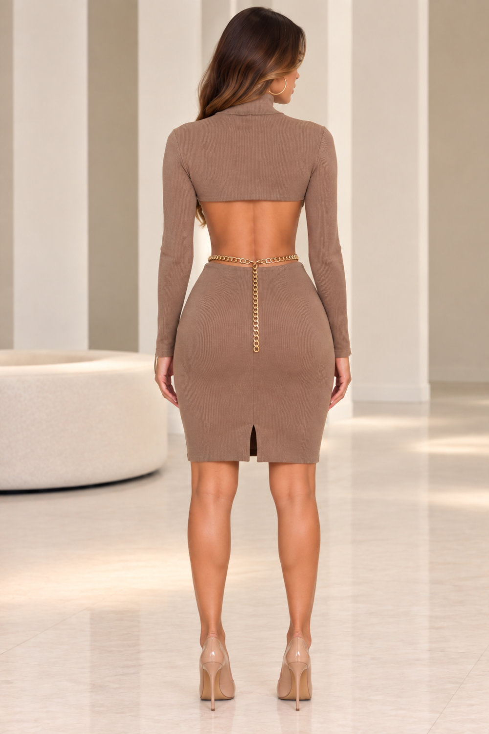 BLITHE Taupe Ribbed Cutout O-Ring Chain Dress|905