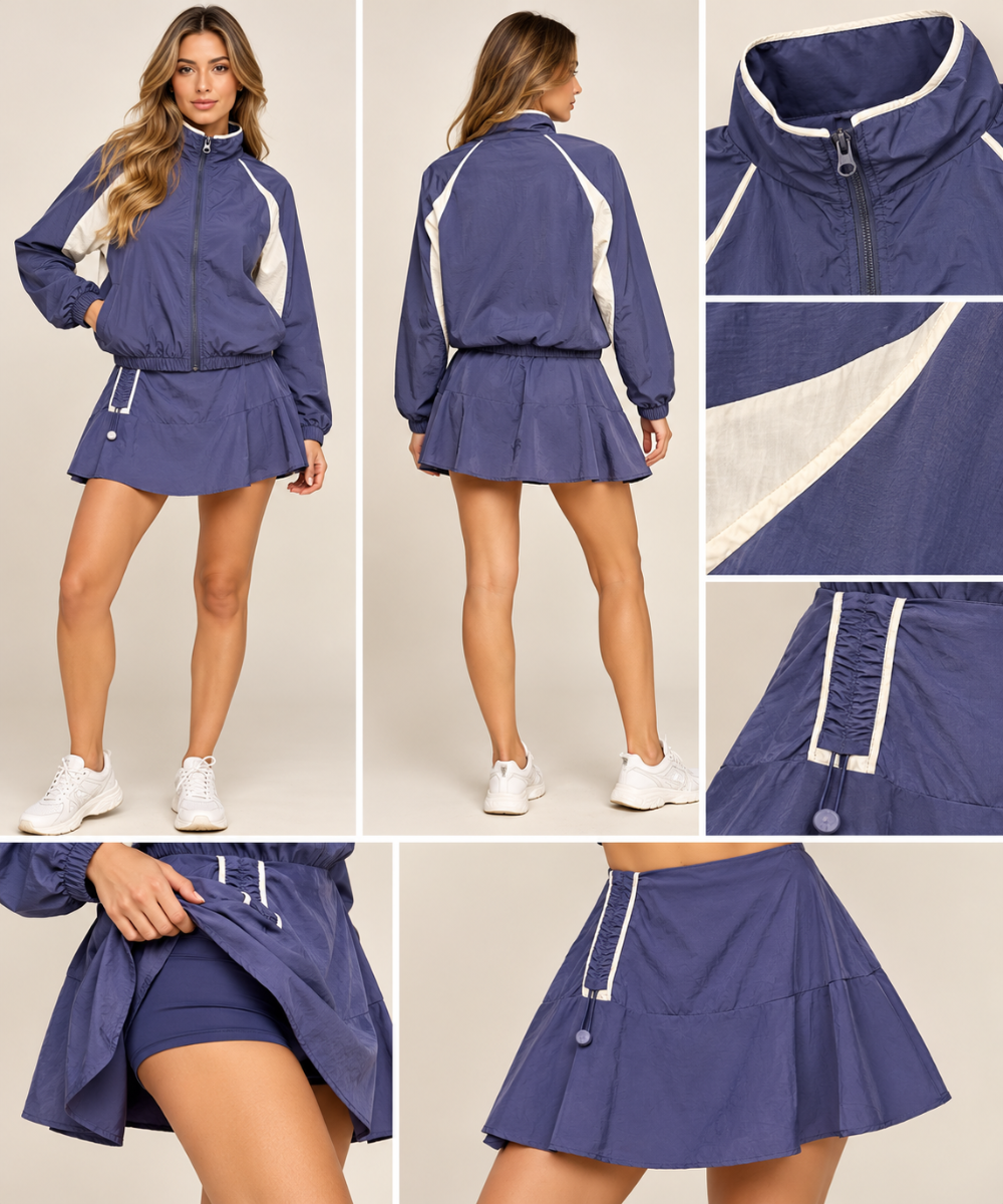 Love Sense Navy Blue & White Two-Piece Windbreaker Jacket & Skort Set|1034