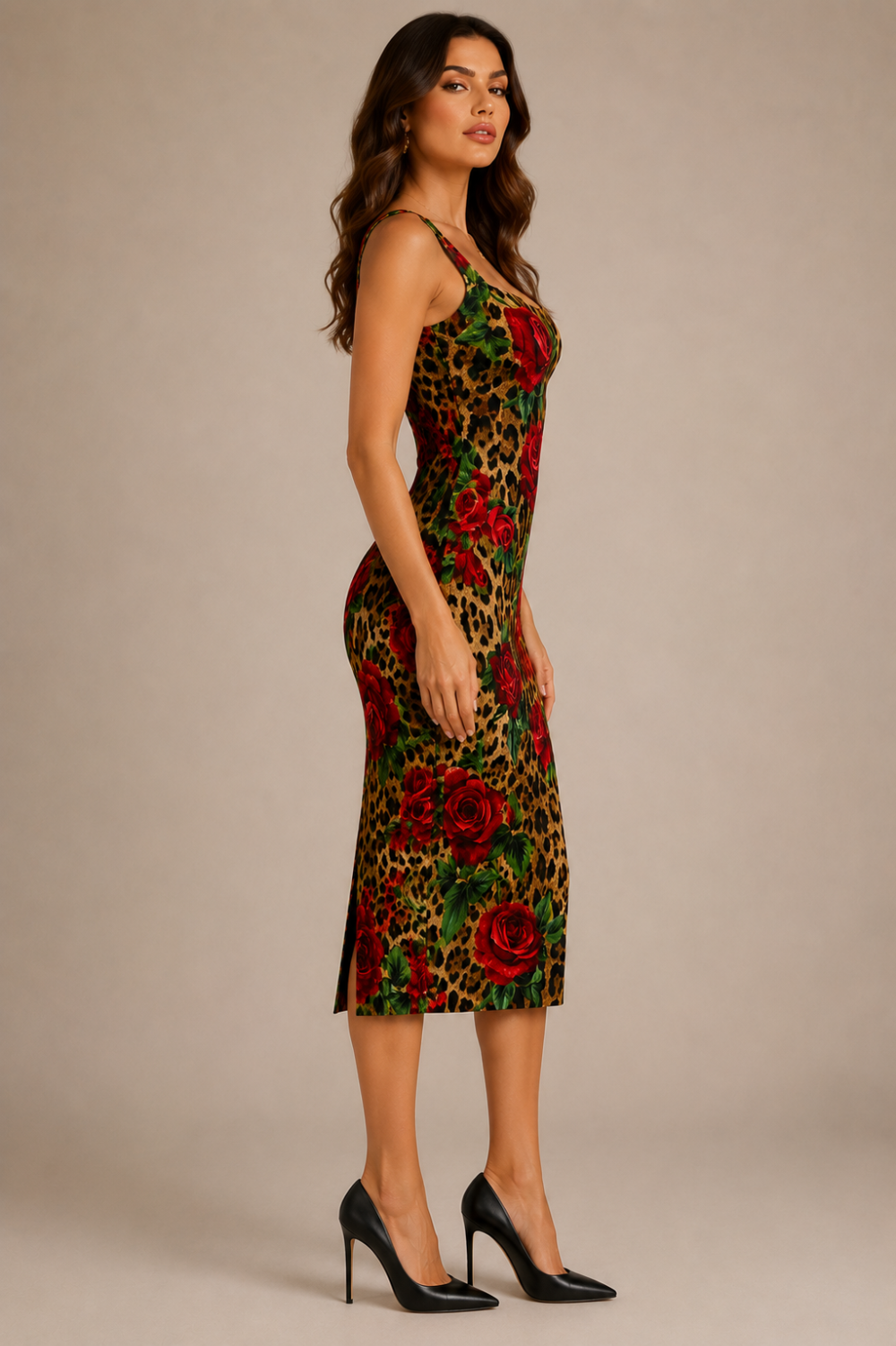 Dolce & Gabbana Rose & Leopard Print Cady Pencil Midi Dress – IT 48|534