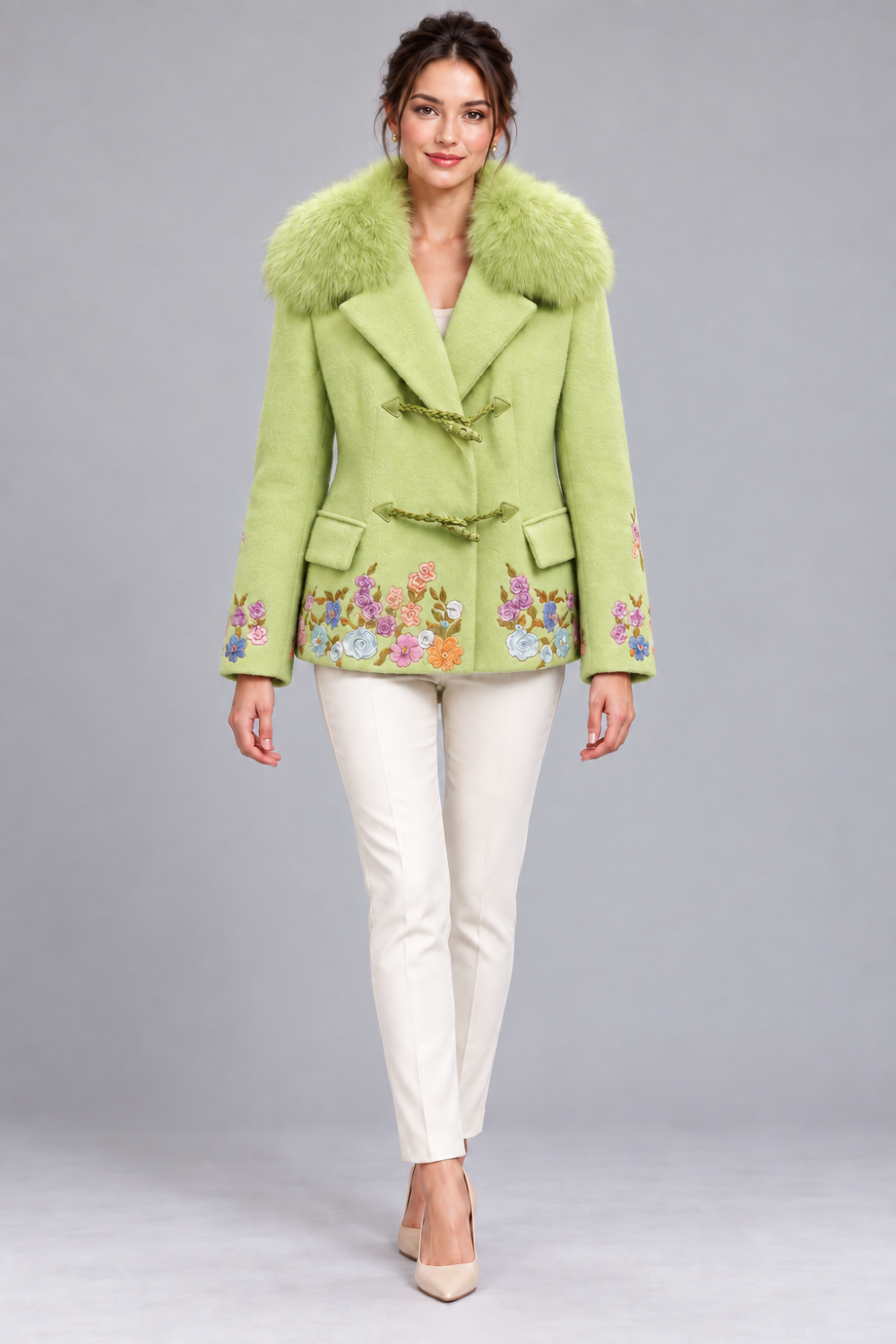 Light Lime Green Wool & Mohair Jacket with Floral Embroidery and Fur Collar|1009