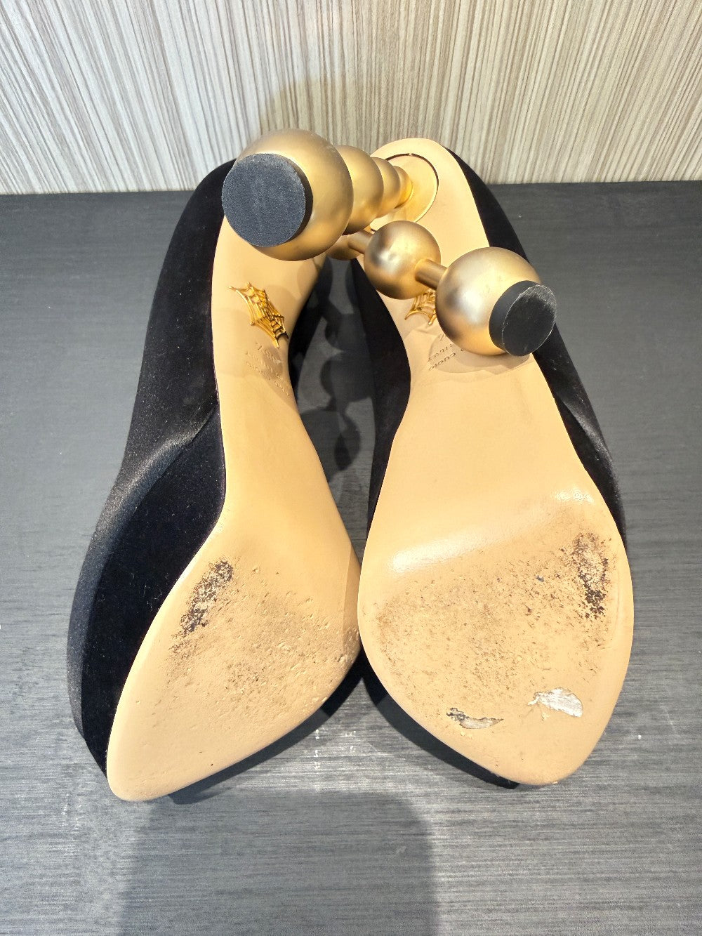 Charlotte Olympia Black Satin Platform Pumps with Signature Gold Ball Heel. Size EU 38.5|42
