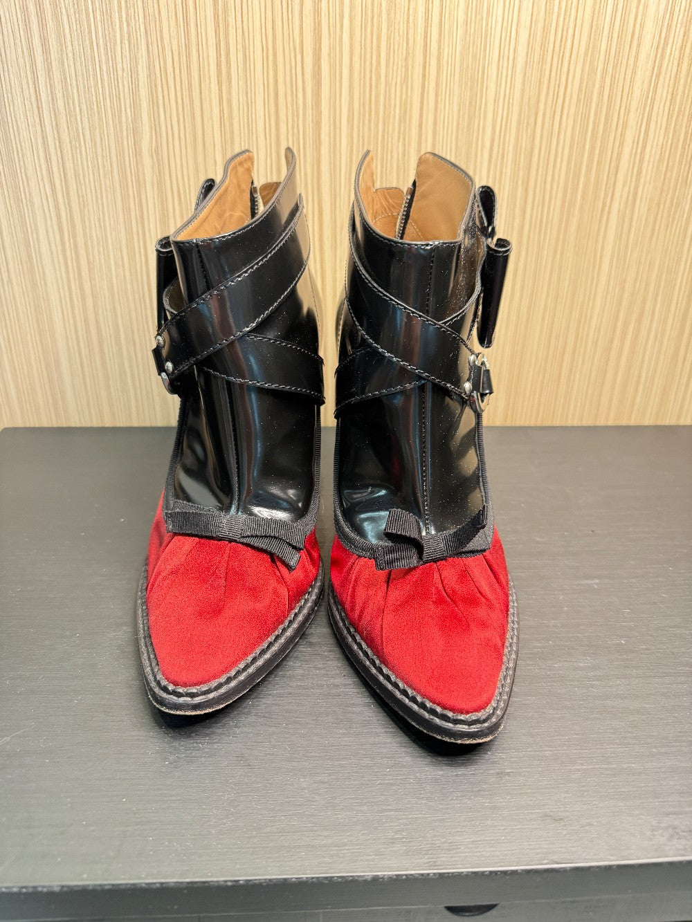 Moschino Cheap and Chic Black Patent & Red Satin Ankle Bootie Pumps Size 39|226